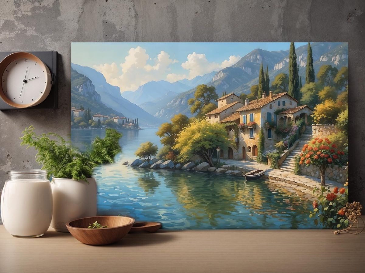 Uferhaus am Gardasee mit Blick auf die Berge, Digital Art, KI Art