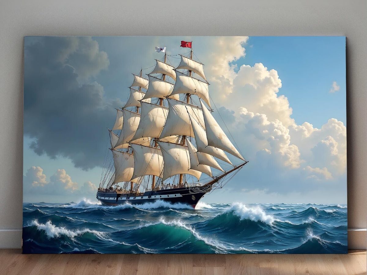 Segelschiff auf hoher See unter dramatischem Himmel , Digital Art,