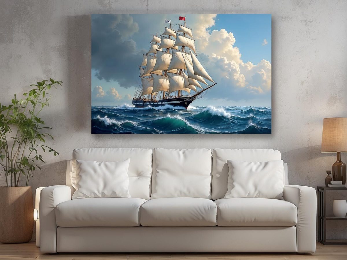 Segelschiff auf hoher See unter dramatischem Himmel , Digital Art,