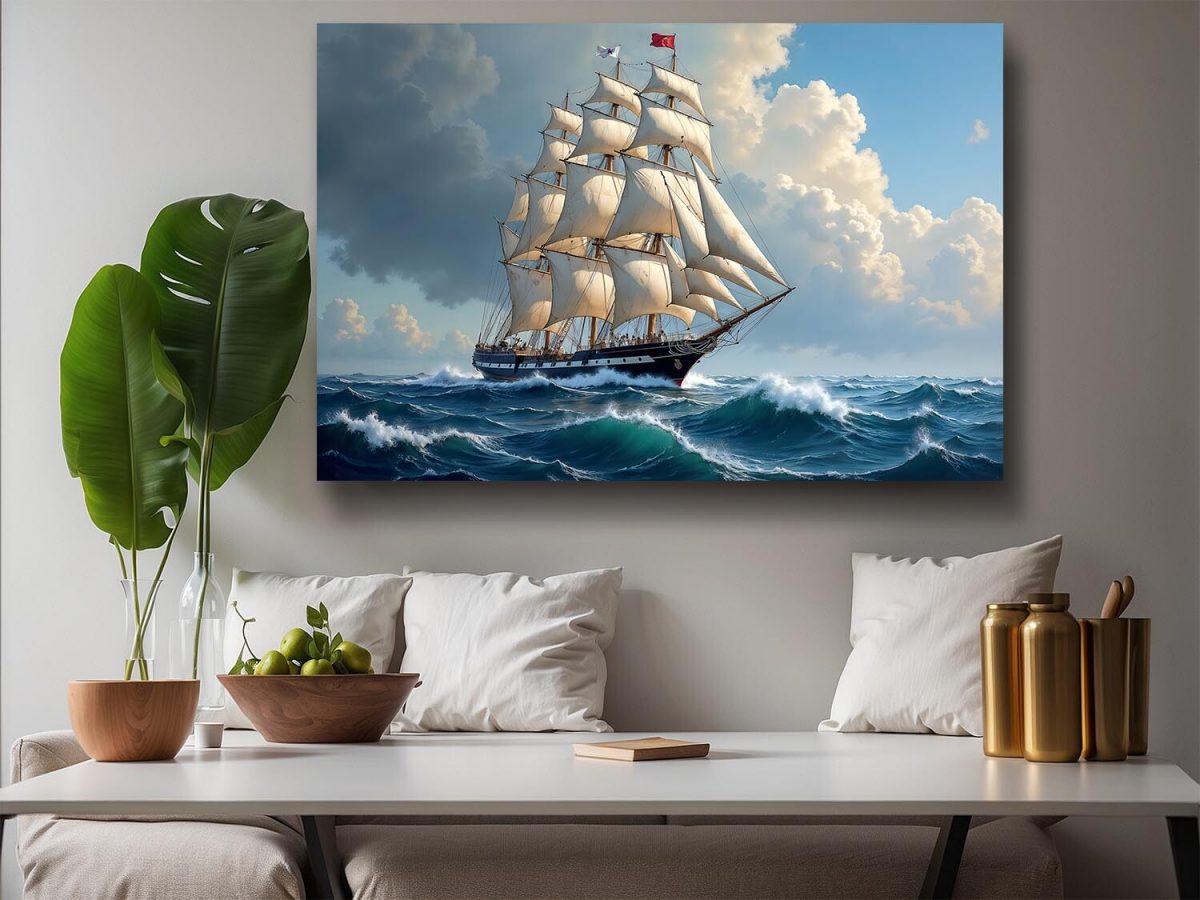 Segelschiff auf hoher See unter dramatischem Himmel , Digital Art,