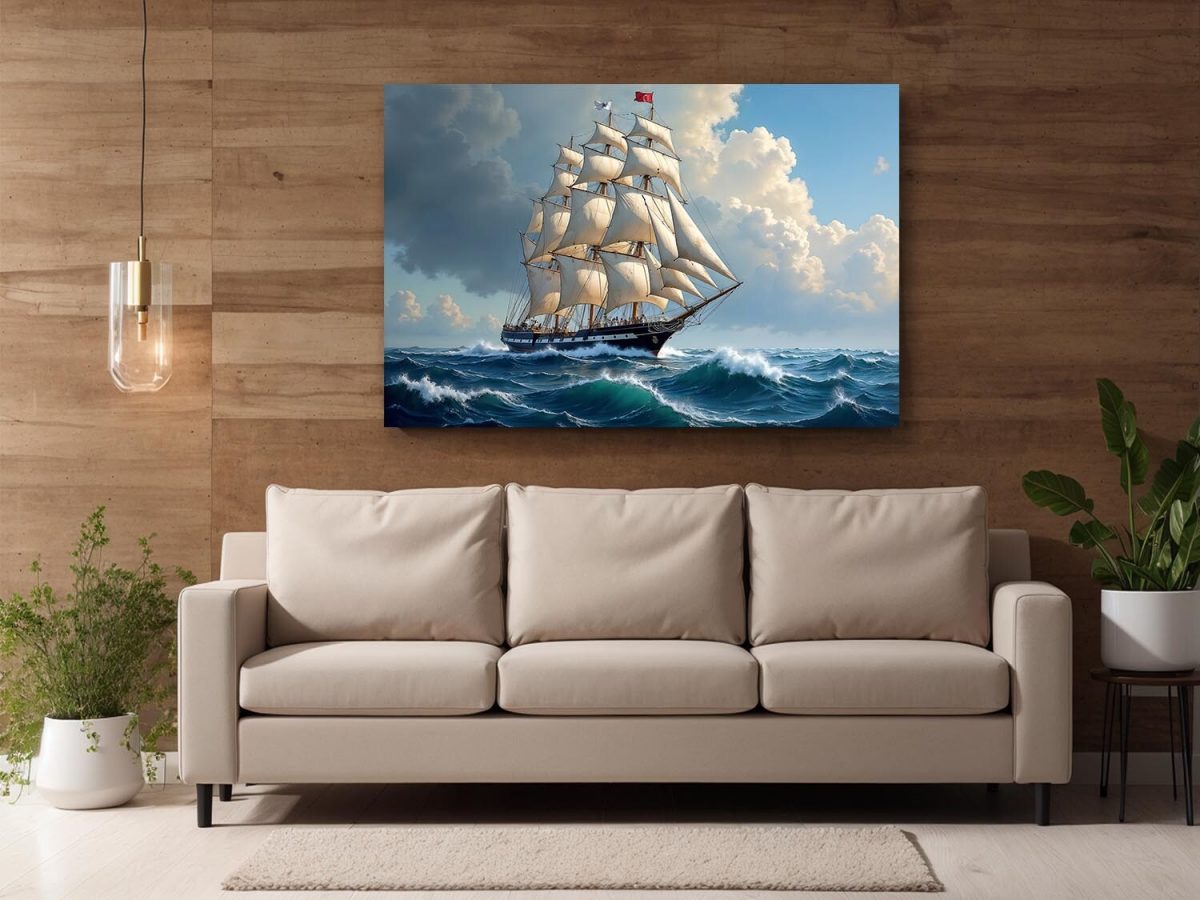 Segelschiff auf hoher See unter dramatischem Himmel , Digital Art,