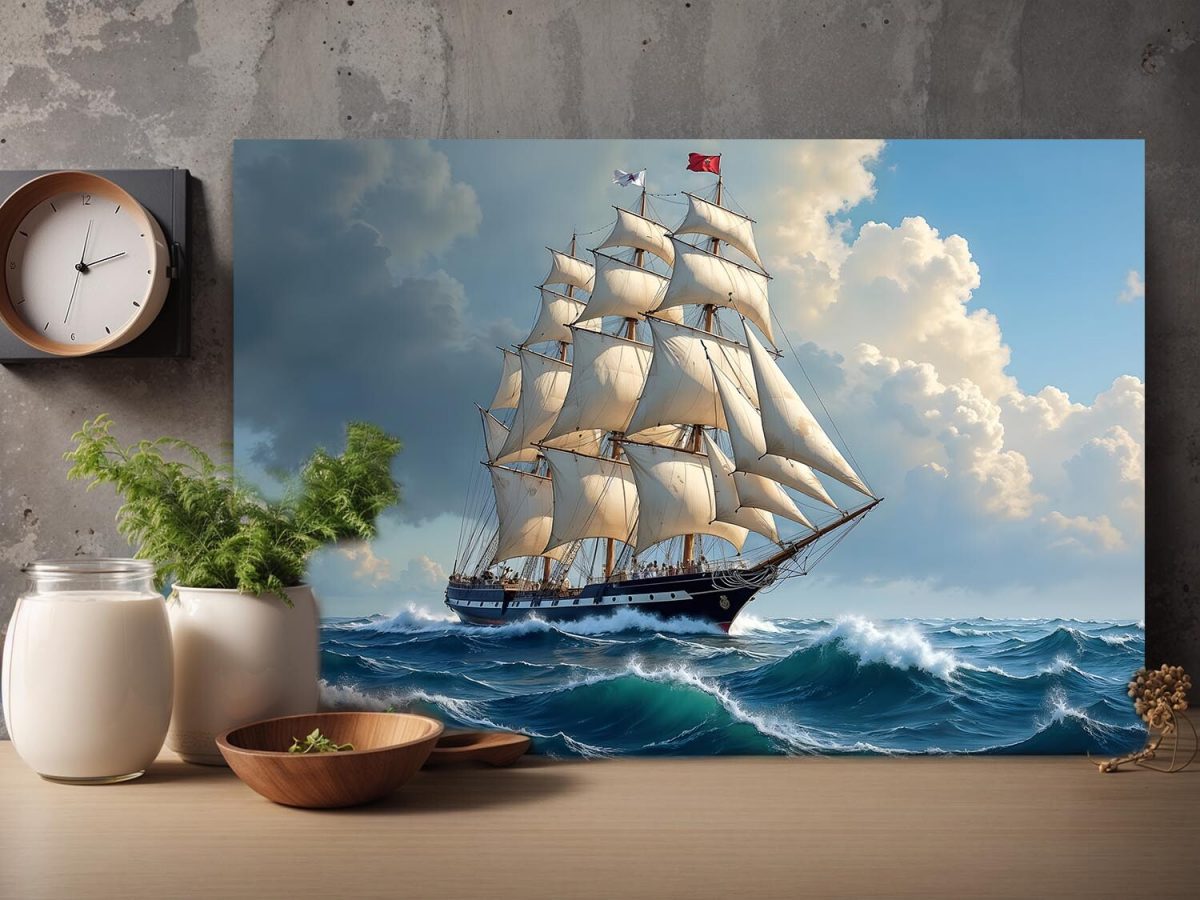 Segelschiff auf hoher See unter dramatischem Himmel , Digital Art,